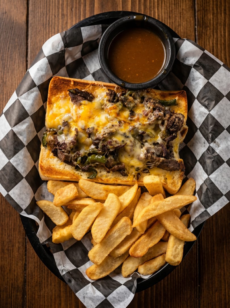 Cheesesteak sandwich with melted cheese, peppers, and onions, served with fries and a side of au jus.